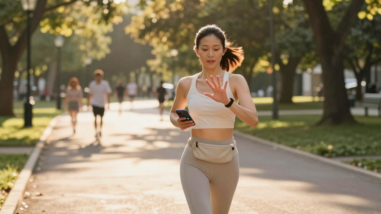 Mulher jovem correndo em parque durante o dia, usando roupa esportiva e olhando para o celular.