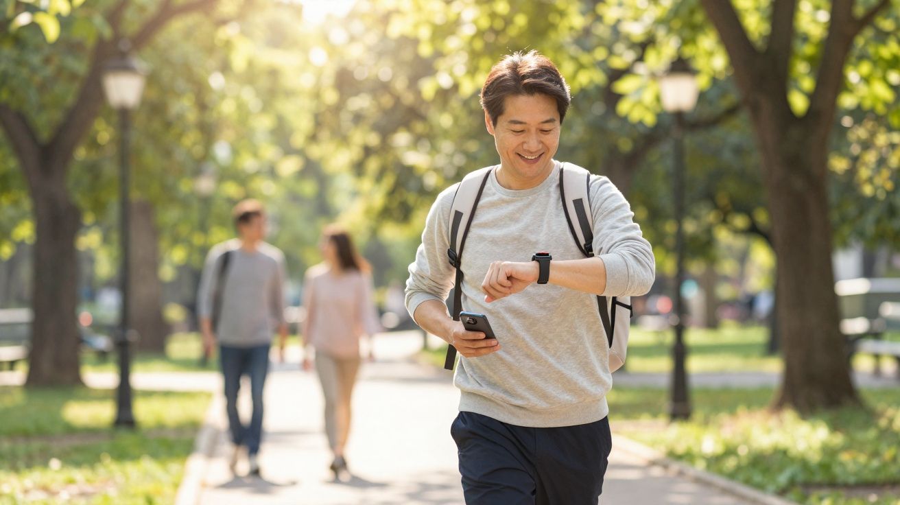 Homem sorridente com mochila olhando relógio inteligente enquanto caminha em parque ensolarado.