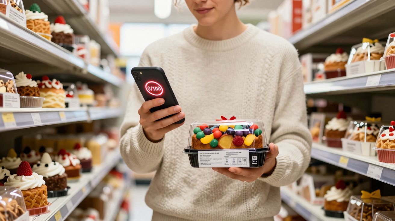 Mulher em supermercado segurando bolo decorado e consultando celular entre prateleiras de sobremesas.