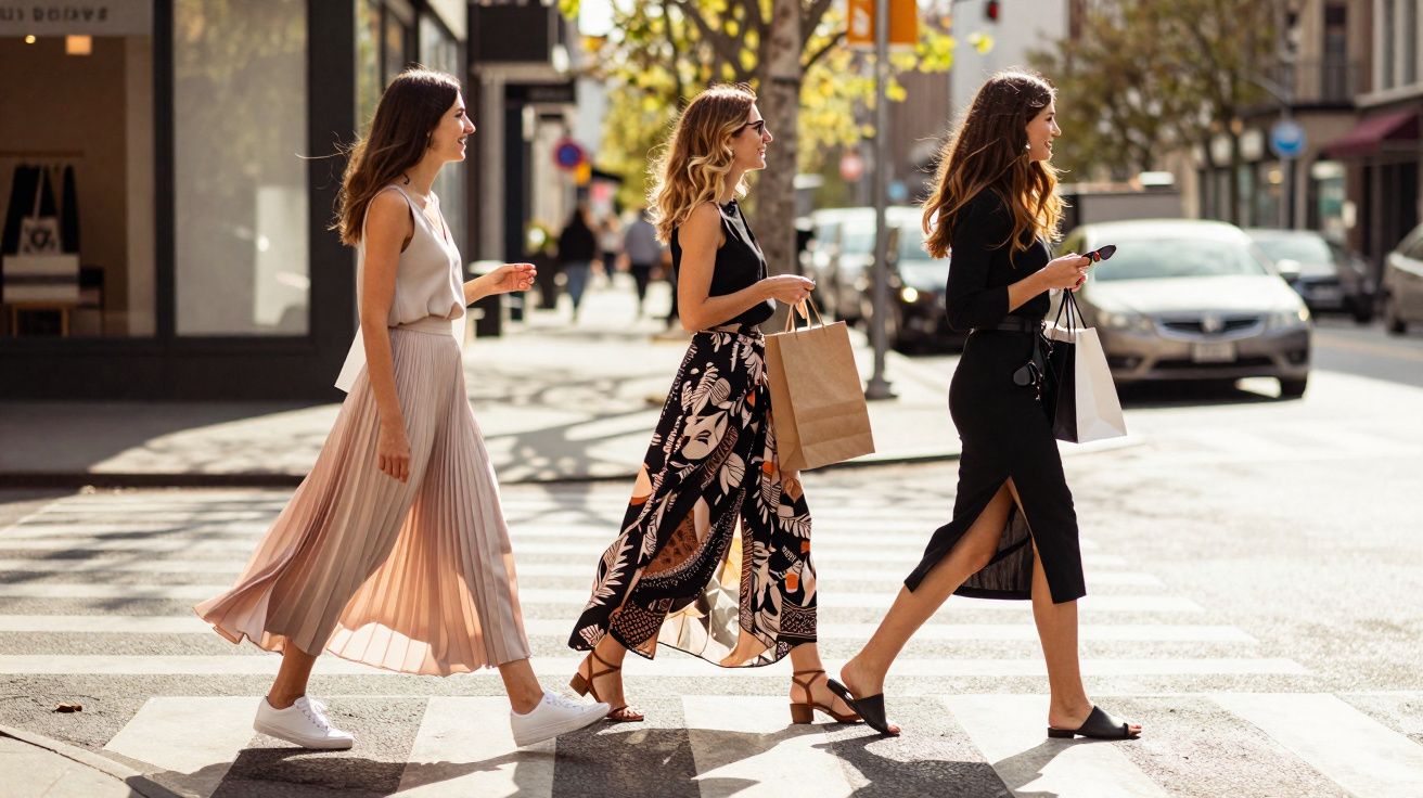 Três mulheres atravessando a rua com sacolas de compras em um dia ensolarado na cidade.