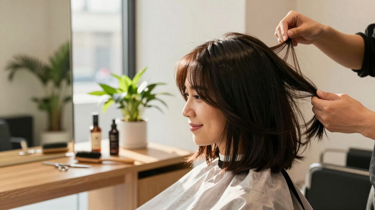 Mulher sorridente recebe corte de cabelo em salão moderno com planta e produtos no fundo.