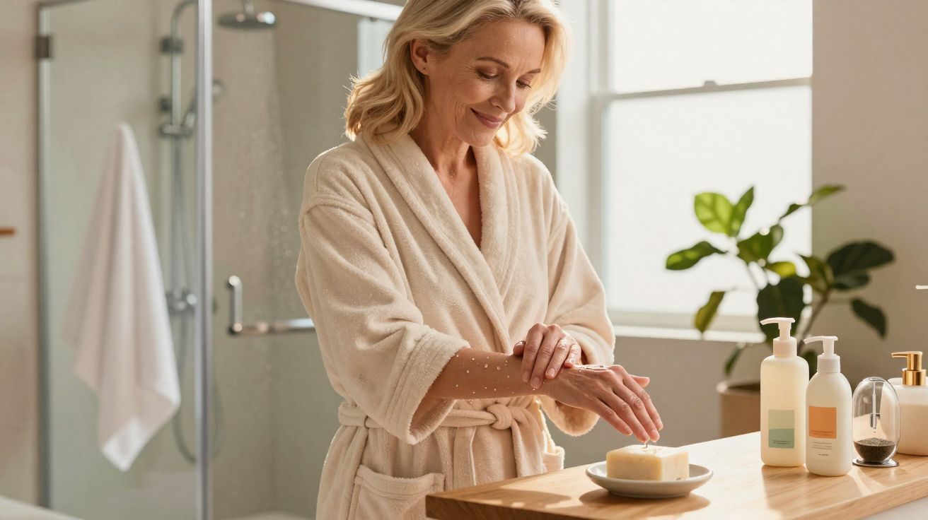 Mulher loira usando roupão branco aplica creme hidratante nos braços em banheiro iluminado.