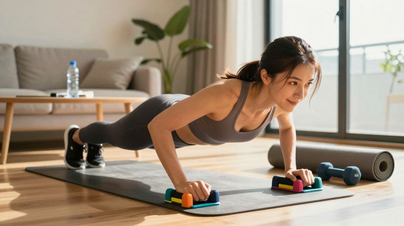 Mulher fazendo flexão com apoio de paralelas coloridas em tapete de yoga na sala de estar iluminada.