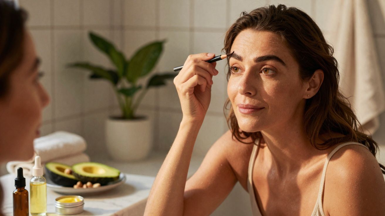 Mulher usando pincel para maquiar sobrancelhas em frente a espelho no banheiro iluminado.