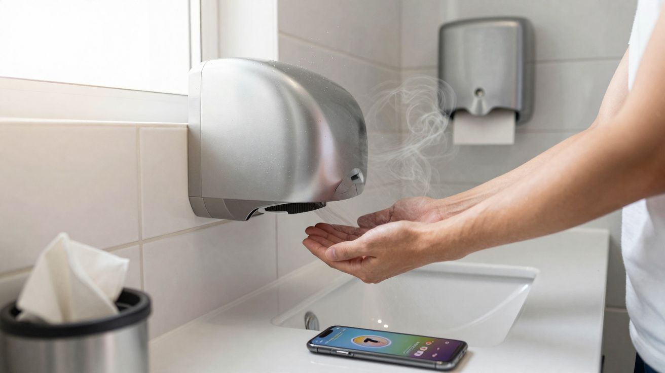 Pessoa secando as mãos com secador automático em banheiro, celular sobre a pia branca.