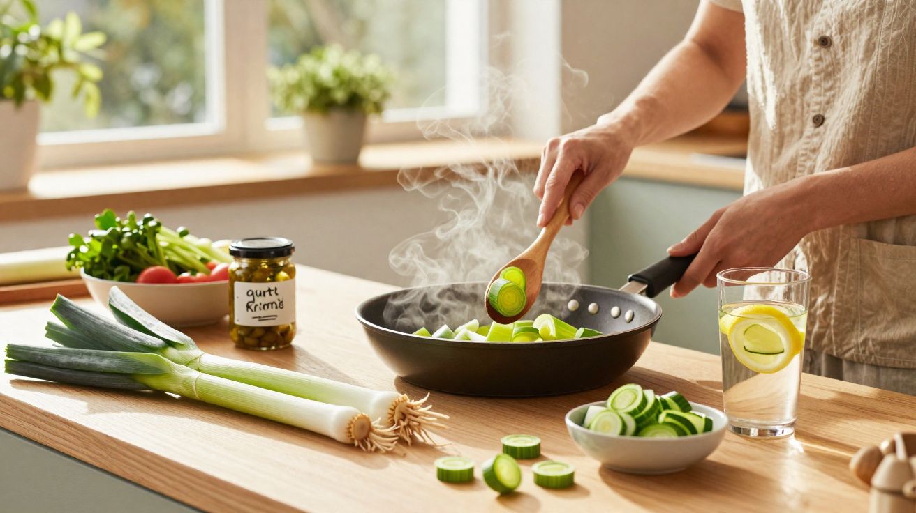 Pessoa cozinhando legumes verdes em frigideira em cozinha iluminada com janela ao fundo.