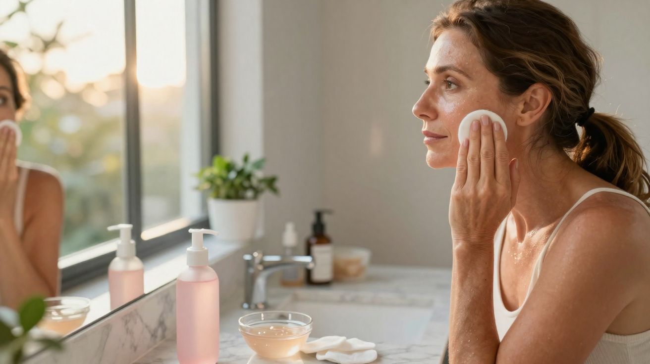 Mulher aplicando produto facial com algodão, em frente ao espelho do banheiro iluminado.