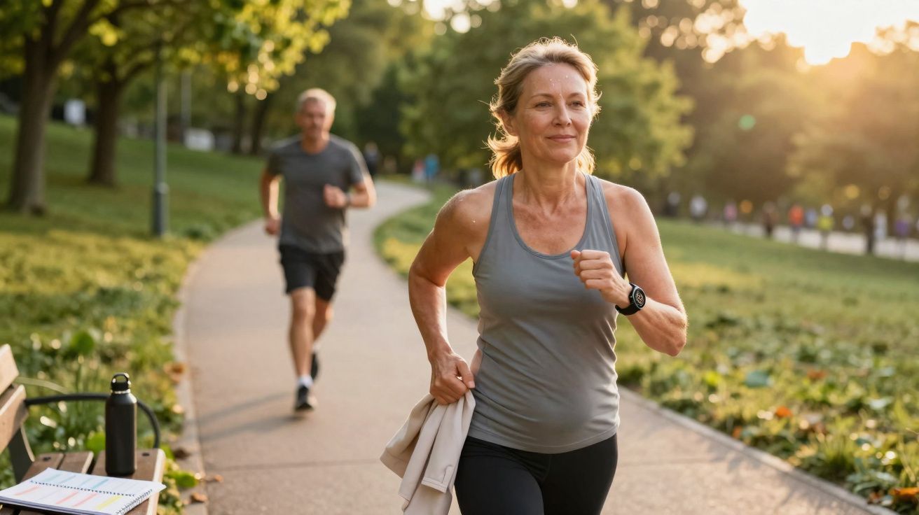 Mulher adulta correndo em parque ao entardecer, homem correndo ao fundo em trilha pavimentada.