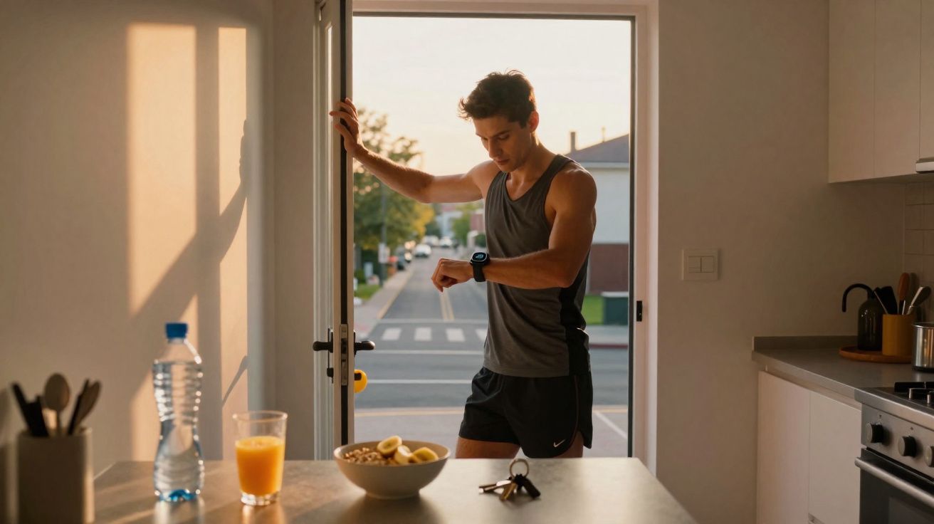 Homem em roupa esportiva olhando relógio no batente da porta ao amanhecer em cozinha moderna.