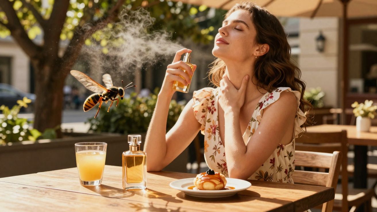 Mulher aplica perfume no pescoço sentada à mesa com suco e sobremesa, perto de uma vespa voando.