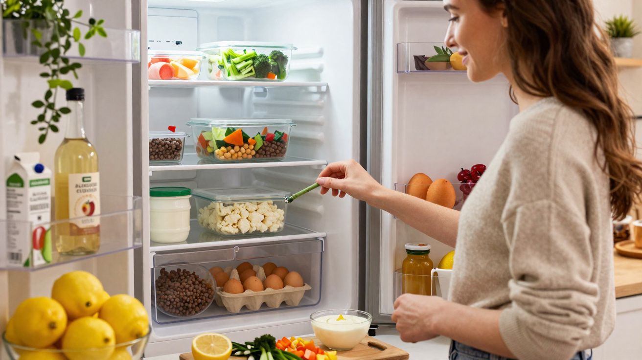 Mulher abrindo geladeira organizada com vegetais, ovos e potes transparentes na cozinha iluminada.