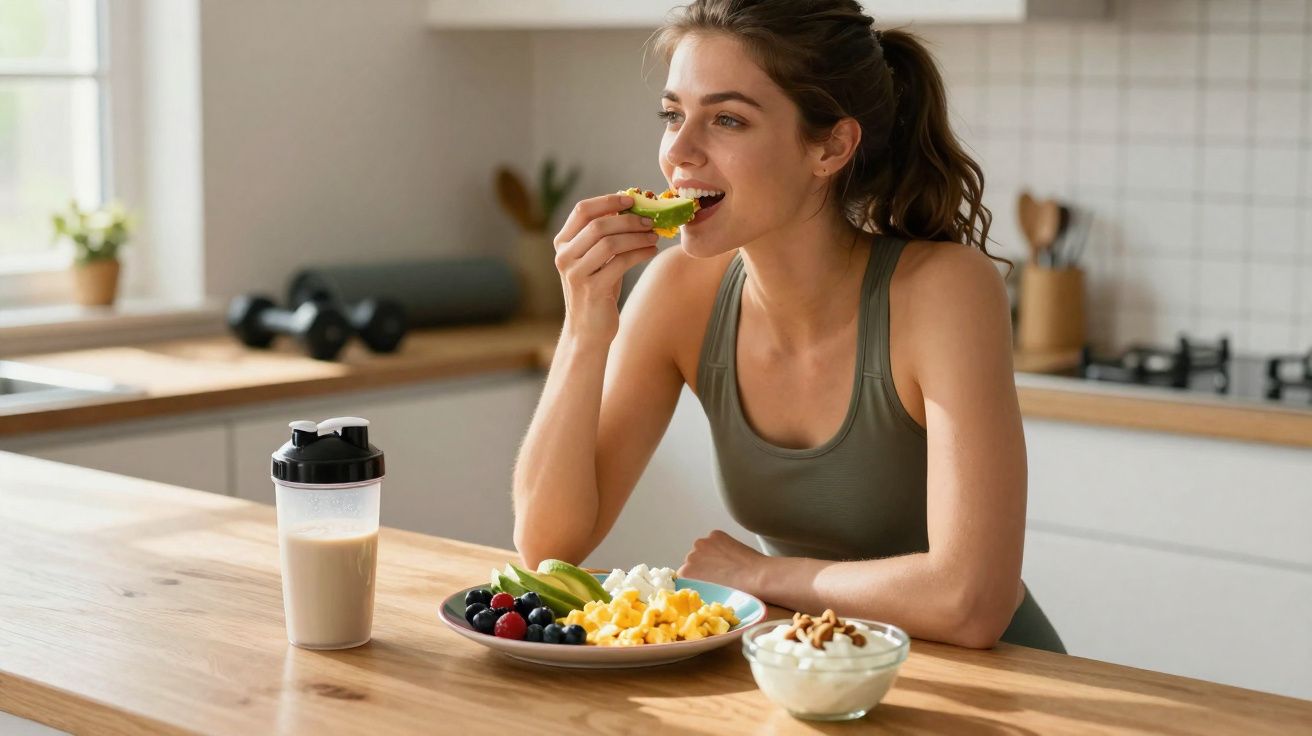 Mulher com roupa esportiva comendo abacate na cozinha com café da manhã saudável à sua frente.