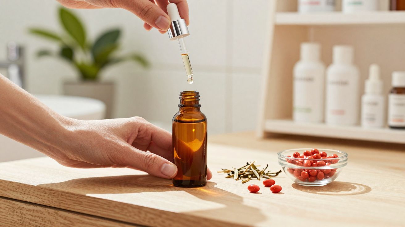 Mãos seguram conta-gotas deixando cair líquido em frasco âmbar sobre mesa com cápsulas vermelhas e ervas.