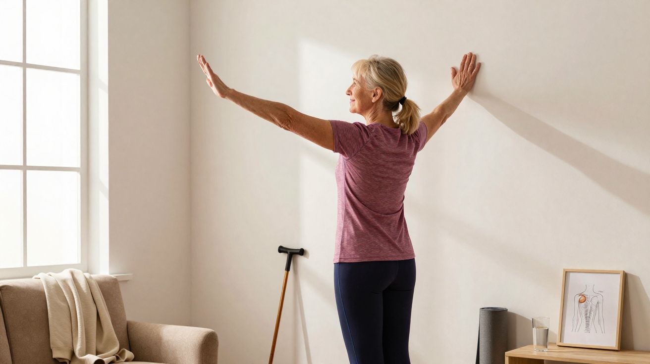 Mulher madura fazendo alongamento de braços em sala iluminada com bengala apoiada na parede.
