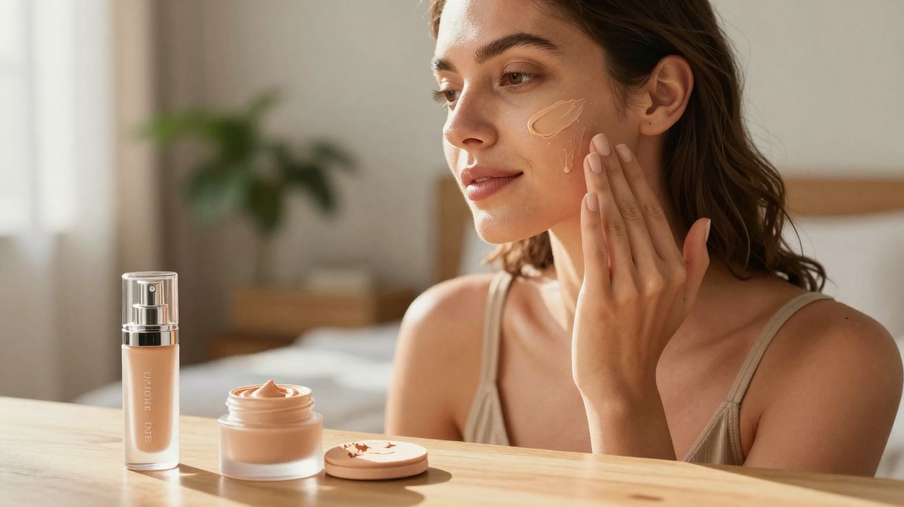 Mulher aplicando base líquida no rosto, com potes de maquiagem sobre mesa de madeira clara.