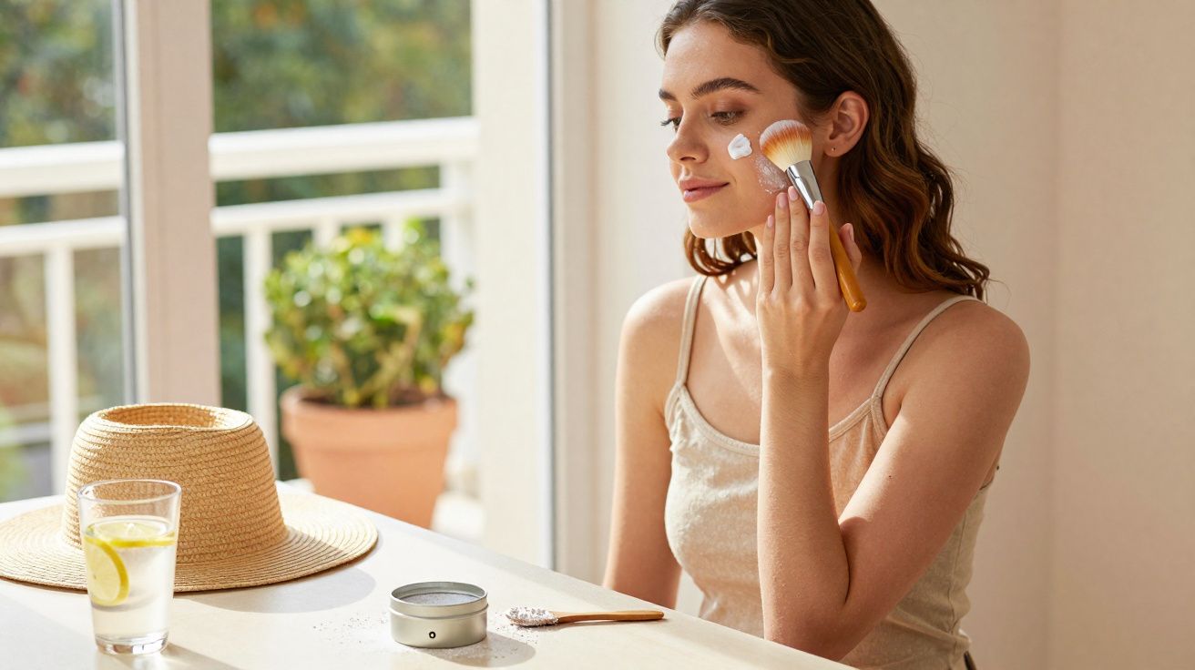 Mulher aplicando creme no rosto com pincel sentada à mesa próxima a janela com chapéu e copo d’água.