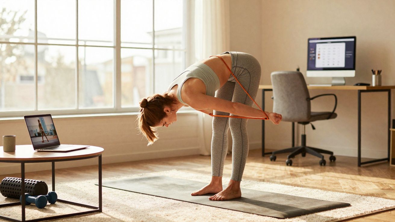 Mulher fazendo alongamento com faixa elástica em casa, ao lado de laptop e equipamentos de ginástica.