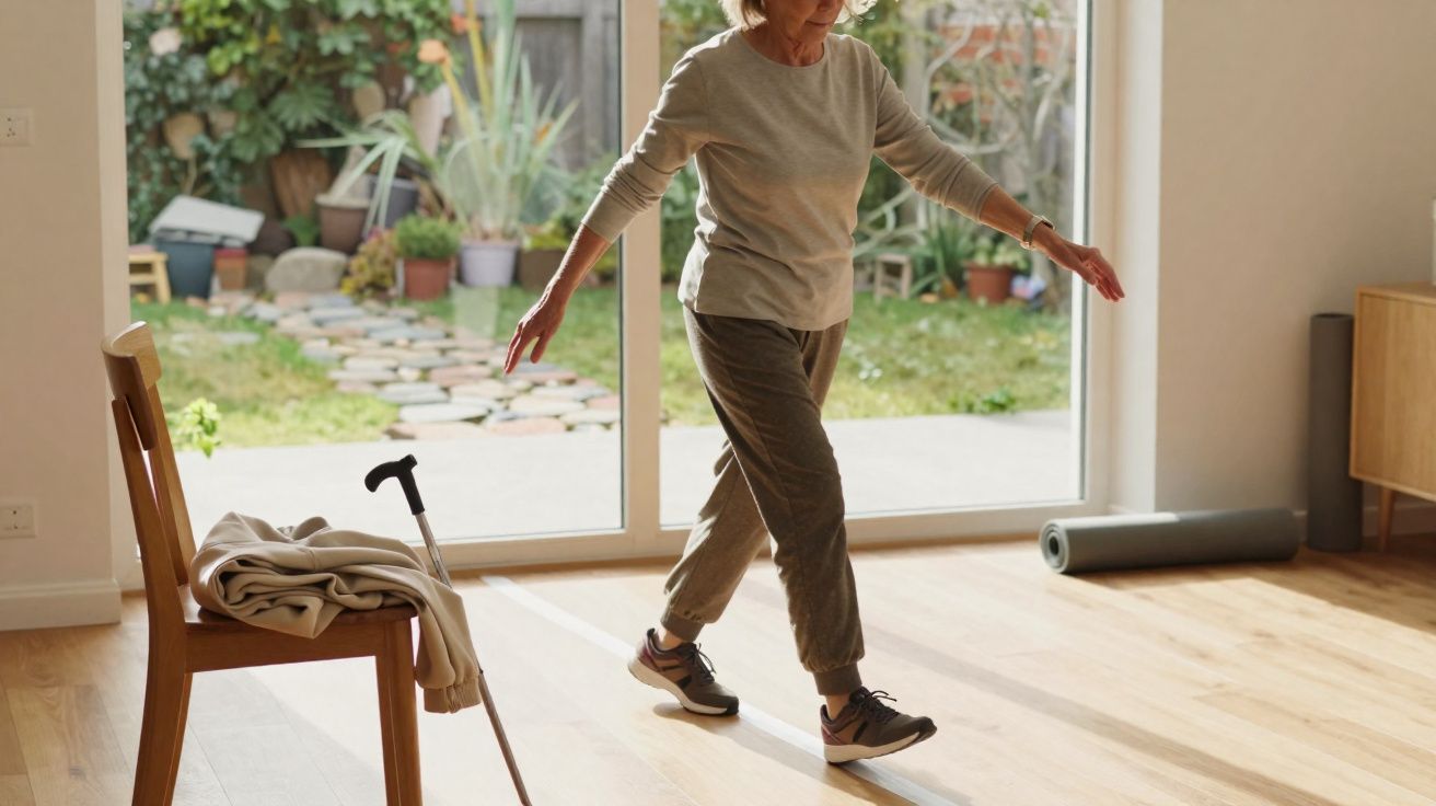Mulher idosa praticando equilíbrio em casa, próxima a uma cadeira e bengala, com jardim ao fundo.