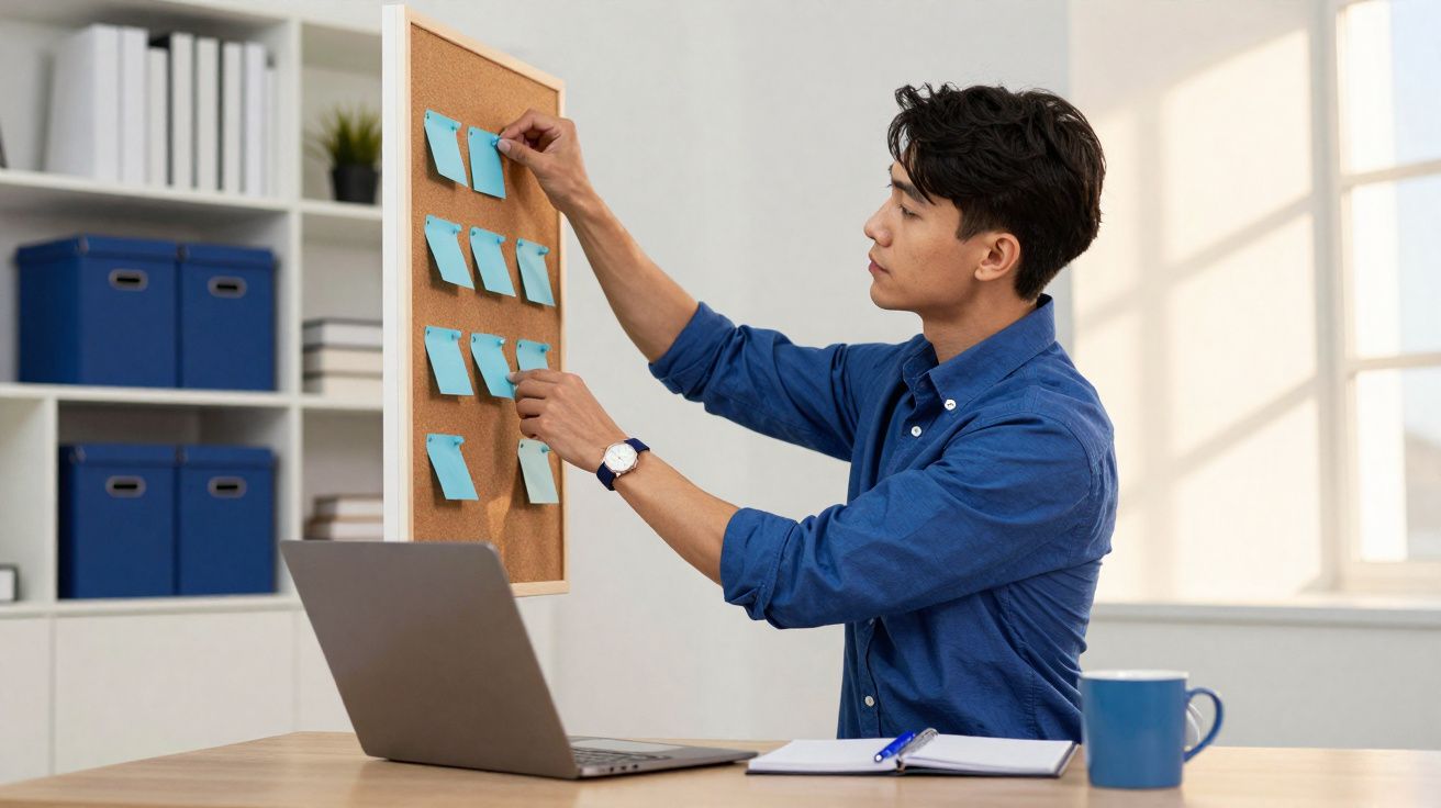Jovem organizando lembretes azuis em quadro de cortiça em escritório com laptop e caderno na mesa.