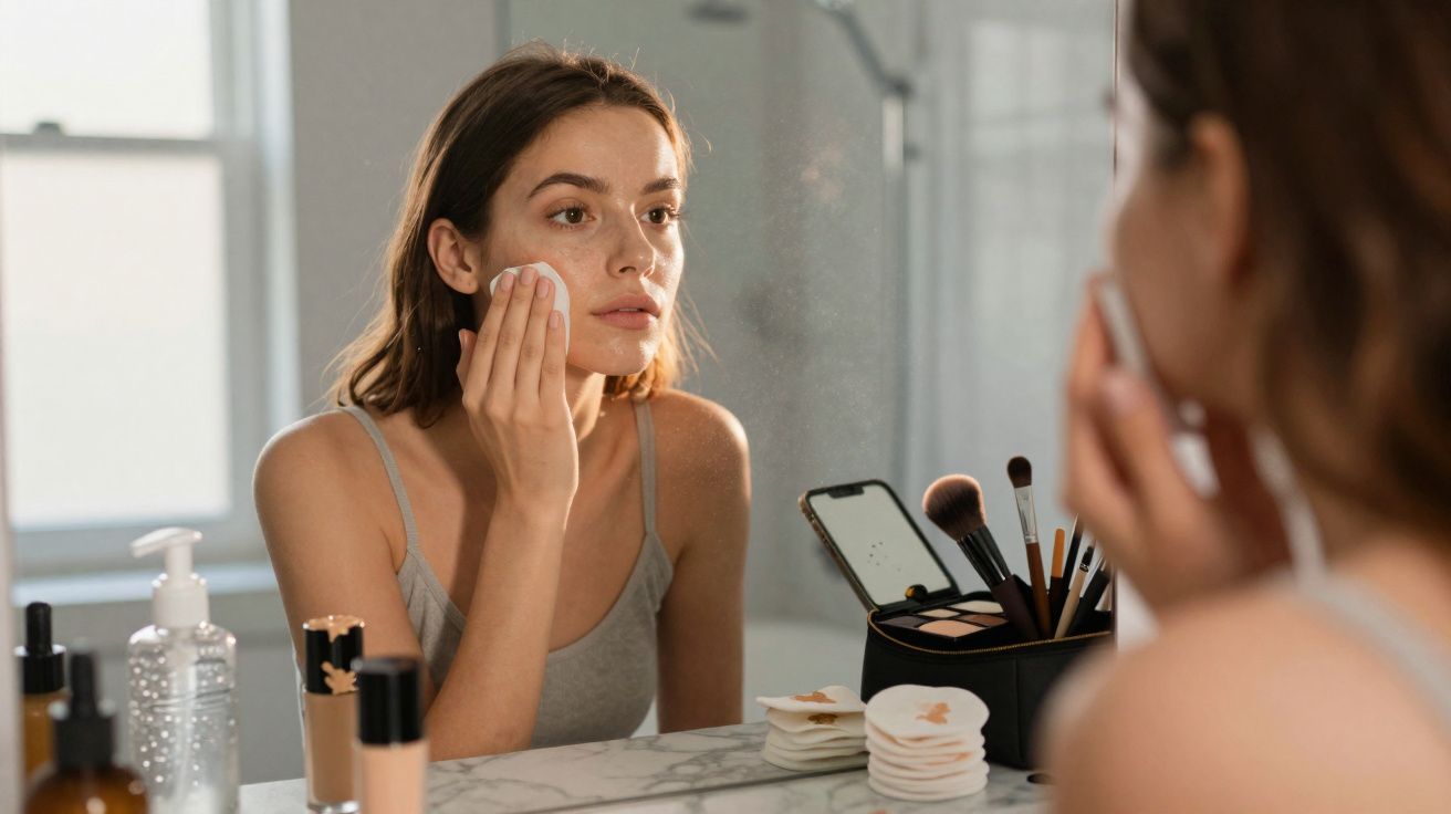 Mulher aplicando produto facial com algodão em frente ao espelho, cercada por itens de maquiagem e cuidados com a pele.