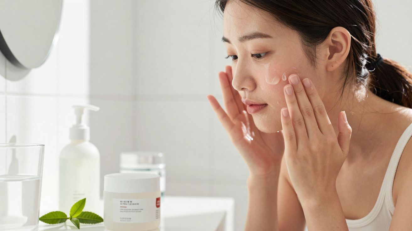 Mulher aplicando creme facial em ambiente iluminado com frascos de cosméticos ao lado.