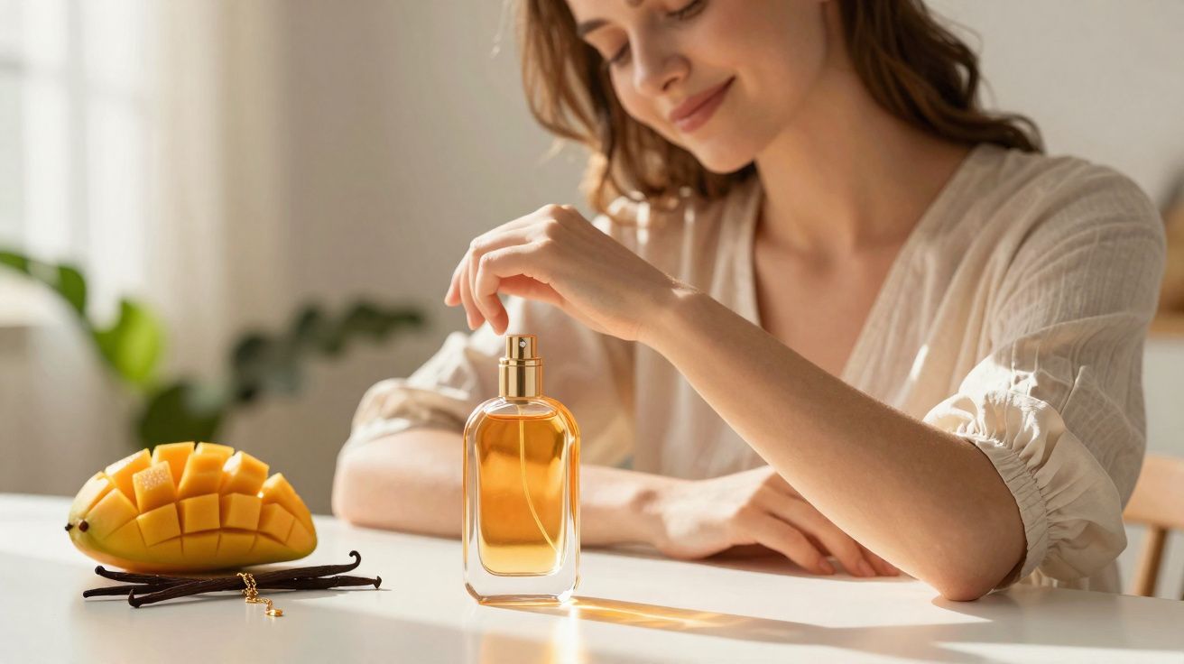 Mulher segurando frasco de perfume ao lado de manga cortada e favas de baunilha sobre mesa branca.