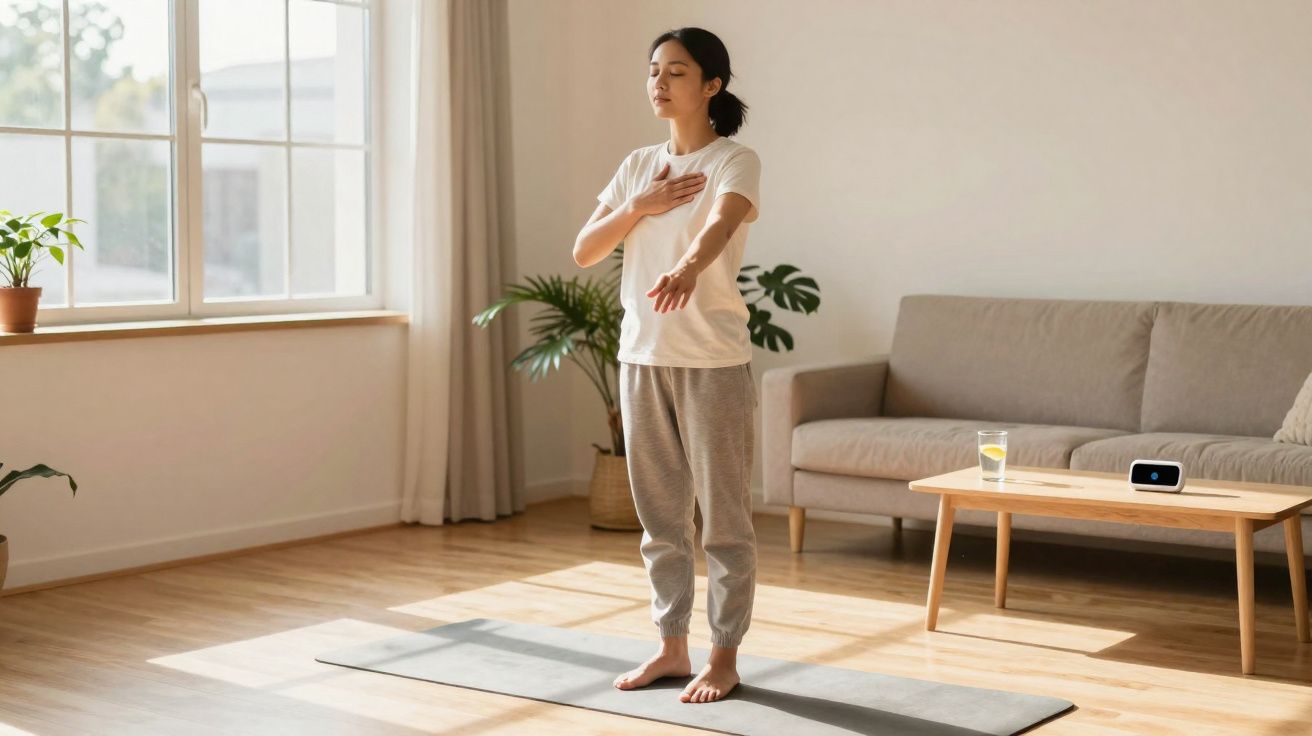 Mulher praticando meditação em tapete de yoga em sala iluminada e arejada.
