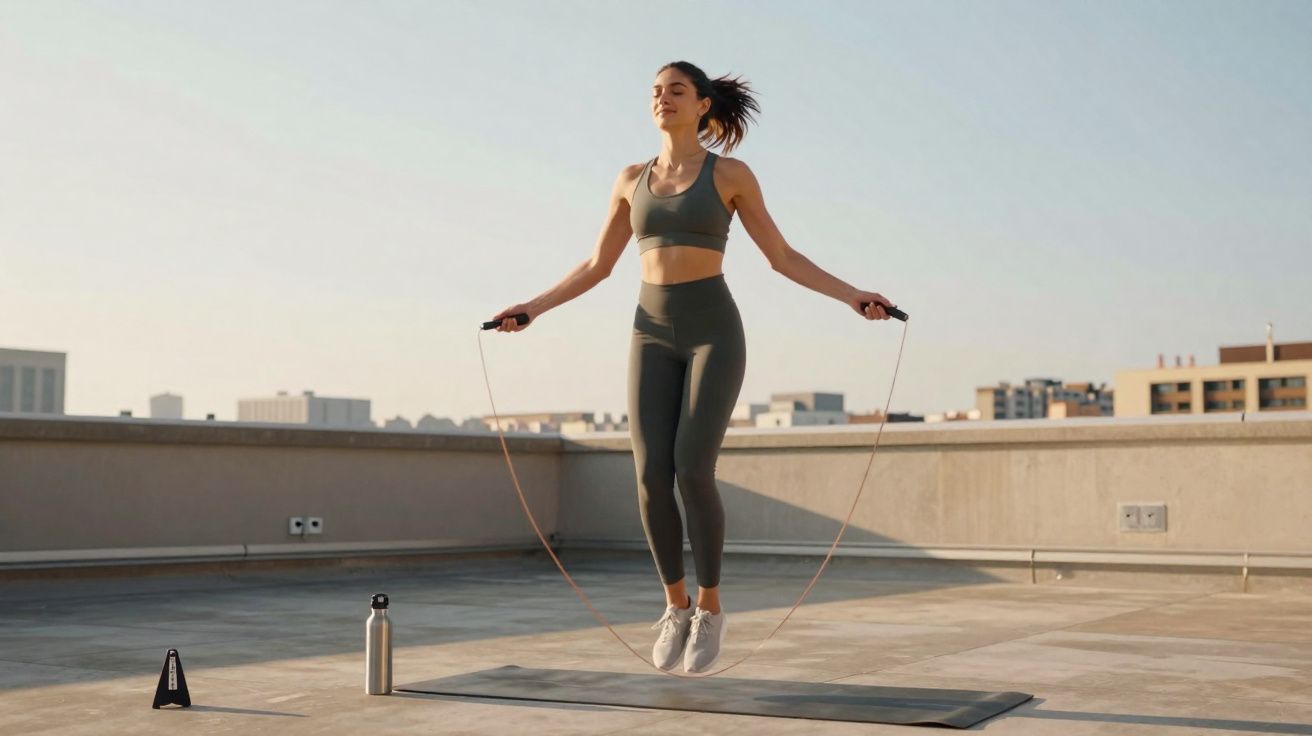 Mulher pulando corda em tapete de exercícios no terraço em dia ensolarado, com garrafa de água ao lado.