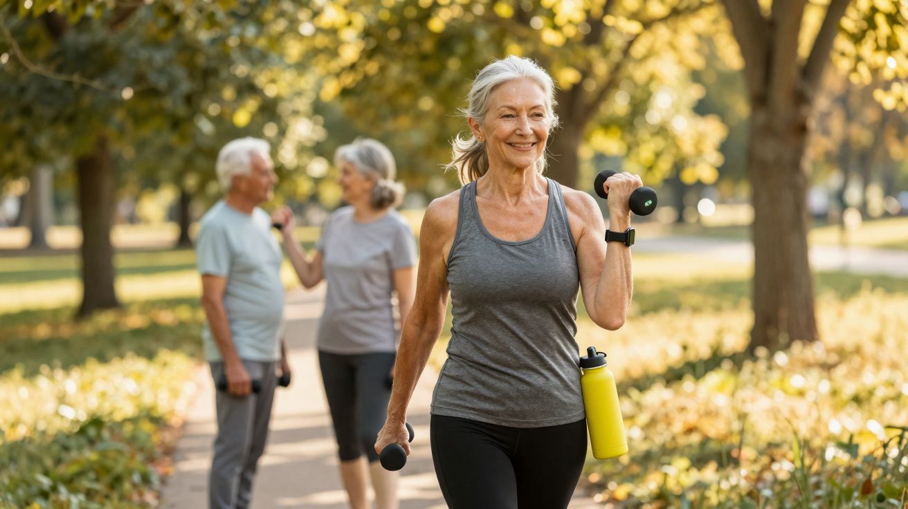 Mulher idosa sorridente caminhando e malhando com halteres em parque ensolarado, com casal ao fundo.