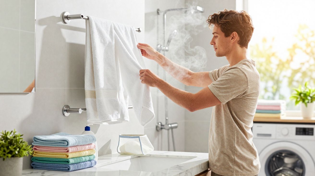 Jovem segurando toalha branca quente e a vapor em banheiro com pilha de toalhas coloridas e máquina de lavar.