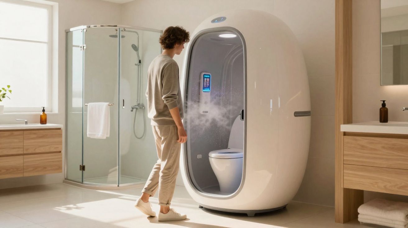 Homem observa cabine sanitária futurista branca com painel digital em banheiro moderno e iluminado.