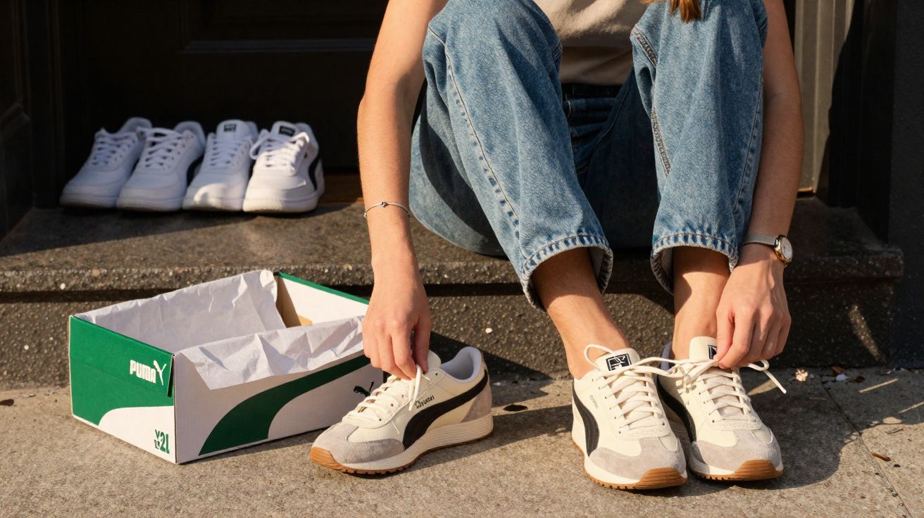 Pessoa sentada amarrando tênis Puma bege com detalhes pretos, ao lado de caixa verde e branca aberta no chão.