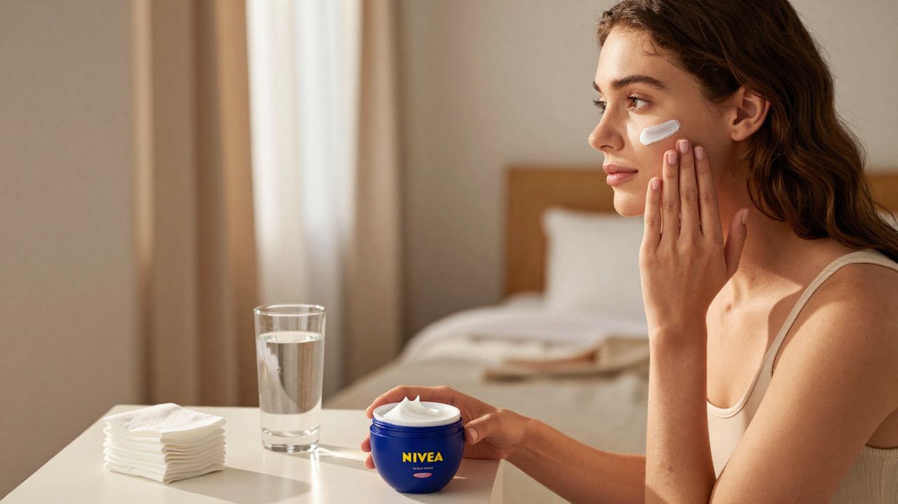Mulher aplicando creme Nivea no rosto sentada à mesa com copo d'água e lenços ao lado em quarto iluminado.