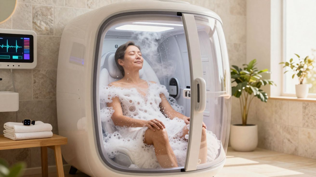 Mulher relaxando em cápsula de spa com espuma e vapor em ambiente iluminado e decorado com plantas.