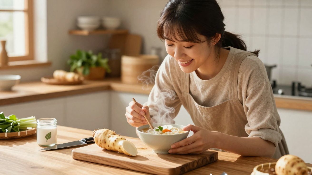 Mulher sorrindo prepara uma tigela de sopa quente em cozinha moderna, com legumes frescos na bancada de madeira.