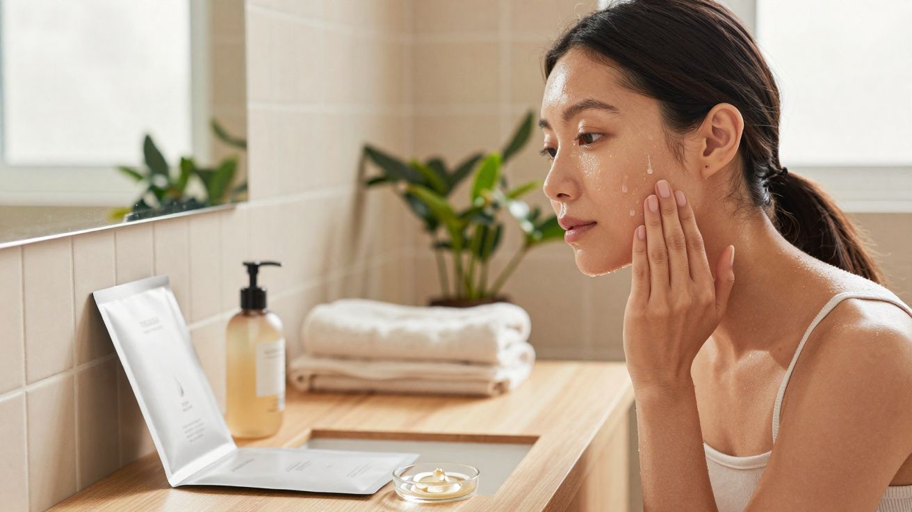 Mulher aplicando creme no rosto em ambiente claro de banheiro com toalhas e planta ao fundo.