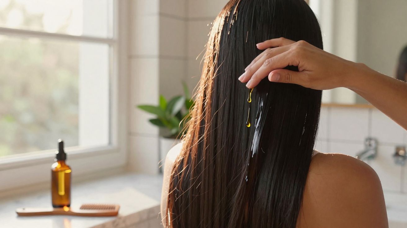 Pessoa aplicando óleo capilar em cabelos longos e lisos em banheiro iluminado pela luz natural.