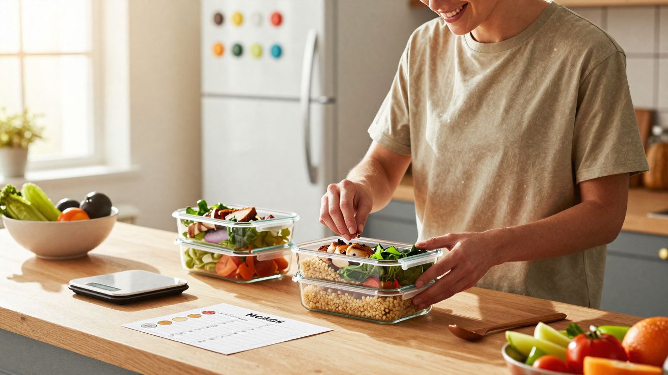 Pessoa preparando marmitas com salada e grãos em cozinha organizada e iluminada.
