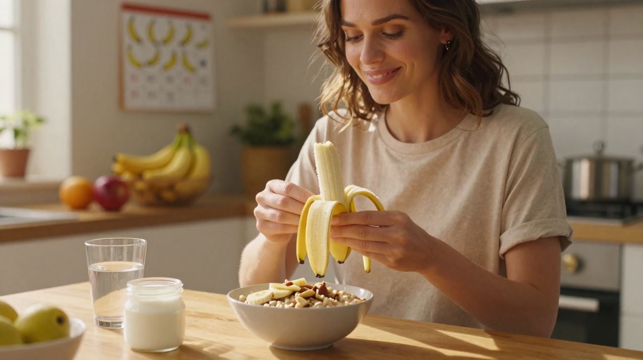 Mulher descascando banana para colocar em tigela de cereal com castanhas na cozinha iluminada.
