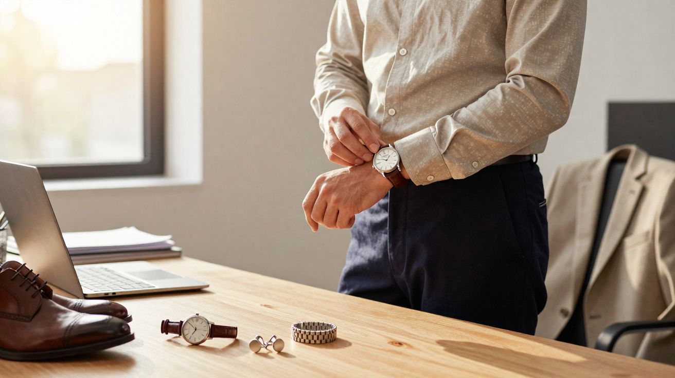 Pessoa ajustando relógio de pulso com mesa de madeira, sapatos, laptop e abotoaduras ao lado.