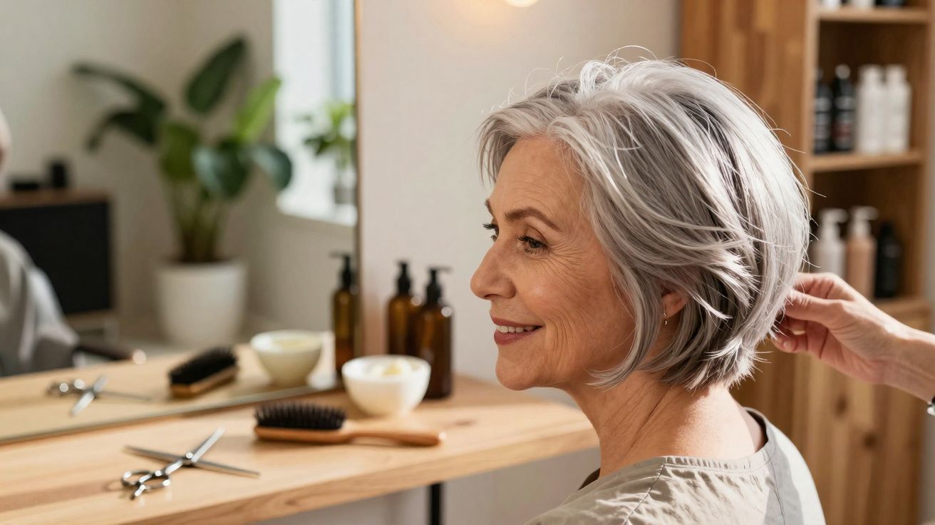 Mulher idosa sorridente com cabelo grisalho curto em salão de beleza sendo arrumada por cabeleireiro.