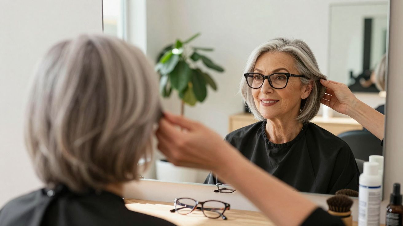 Mulher madura com cabelo grisalho e óculos ajustando o cabelo, olhando no espelho de salão de beleza.