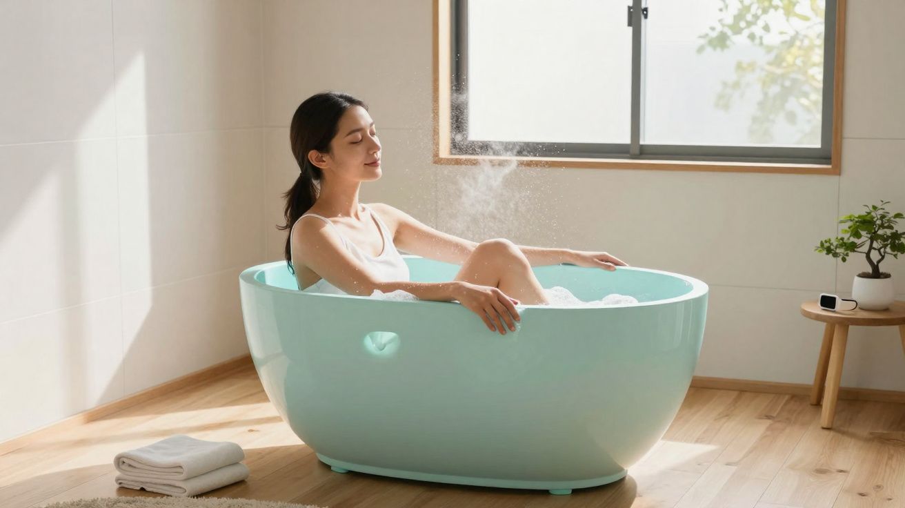 Mulher relaxando em banheira azul clara em banheiro iluminado com toalhas e planta ao lado.