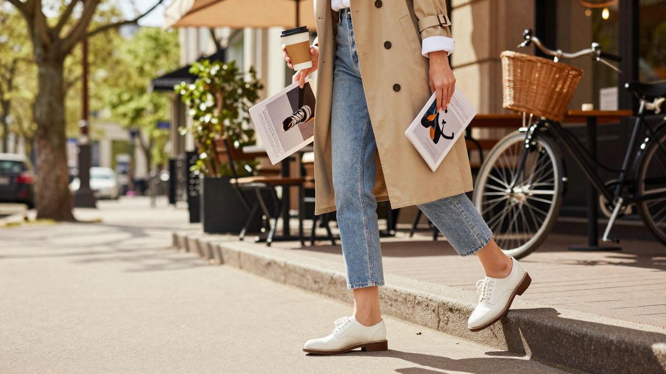 Pessoa vestindo sobretudo bege e jeans, segurando café e revistas, caminhando na calçada de rua urbana ensolarada.
