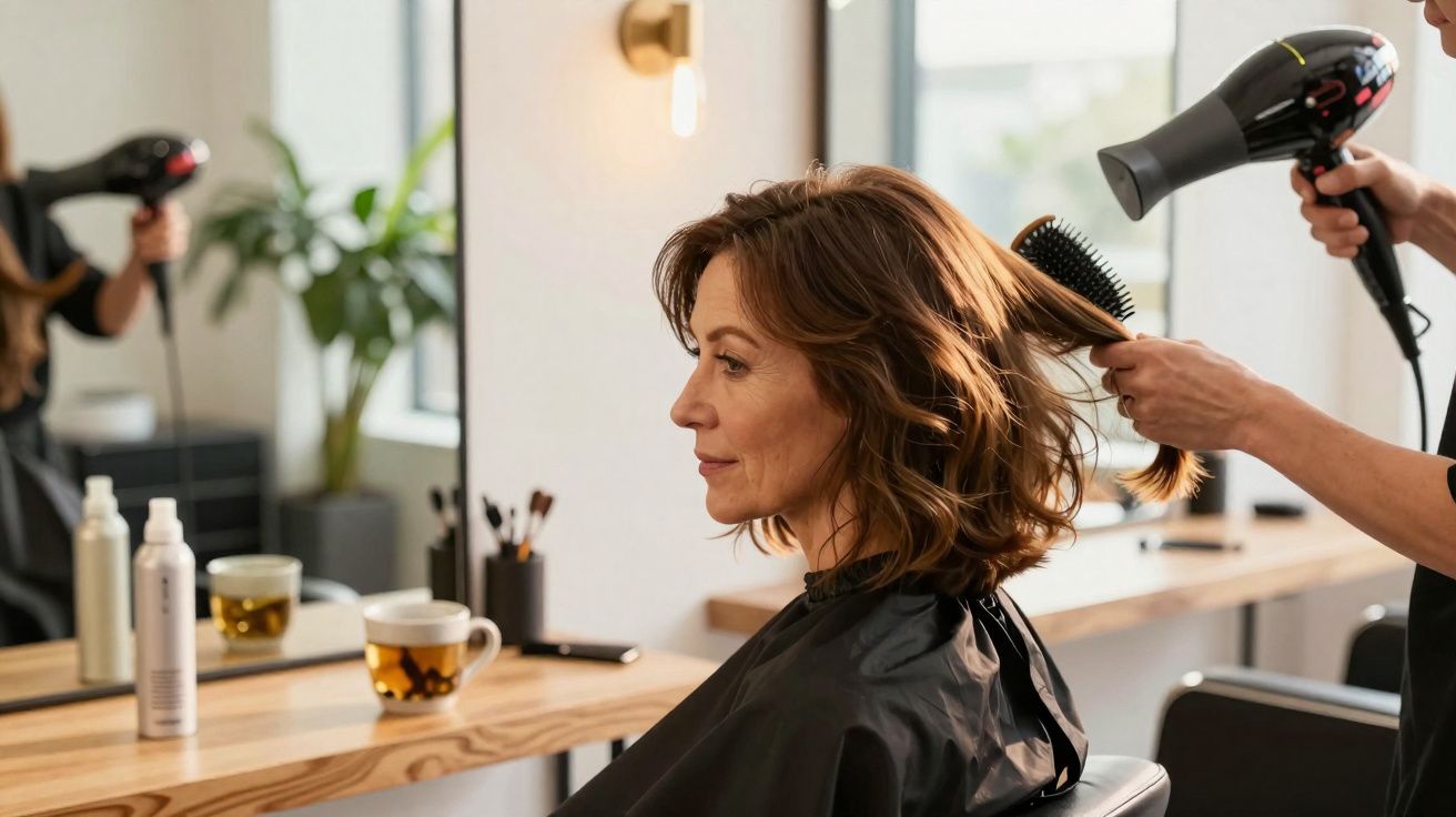 Mulher de cabelos curtos sendo penteada e secada em salão de beleza moderno e iluminado.