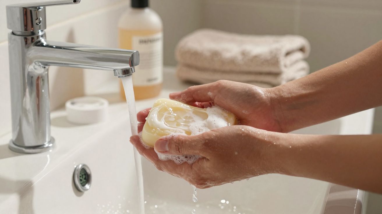 Mãos ensaboadas seguram sabonete em barra sob torneira com água corrente em pia branca.