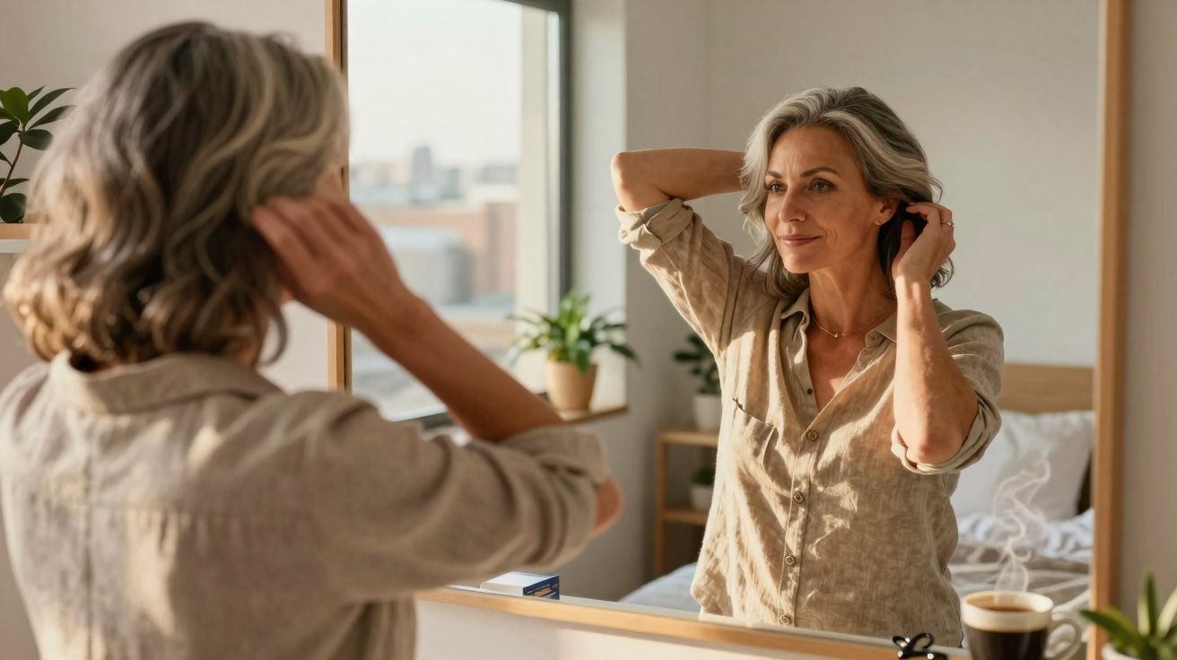 Mulher madura arrumando o cabelo em frente ao espelho em um quarto iluminado pela manhã.