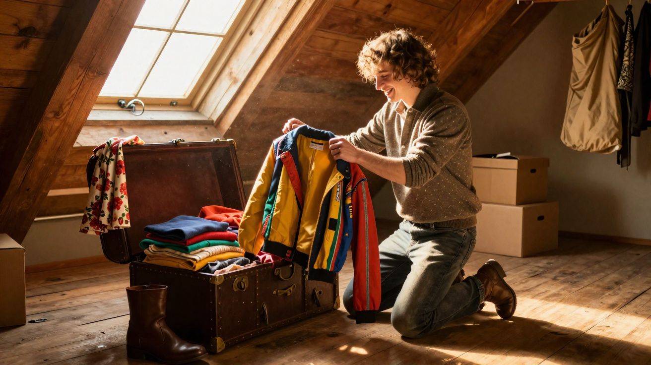 Jovem ajoelhado organizando roupas coloridas em uma mala antiga em sótão iluminado pela janela.