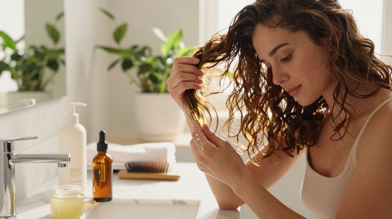 Mulher aplicando óleo no cabelo cacheado em banheiro iluminado com plantas ao fundo.