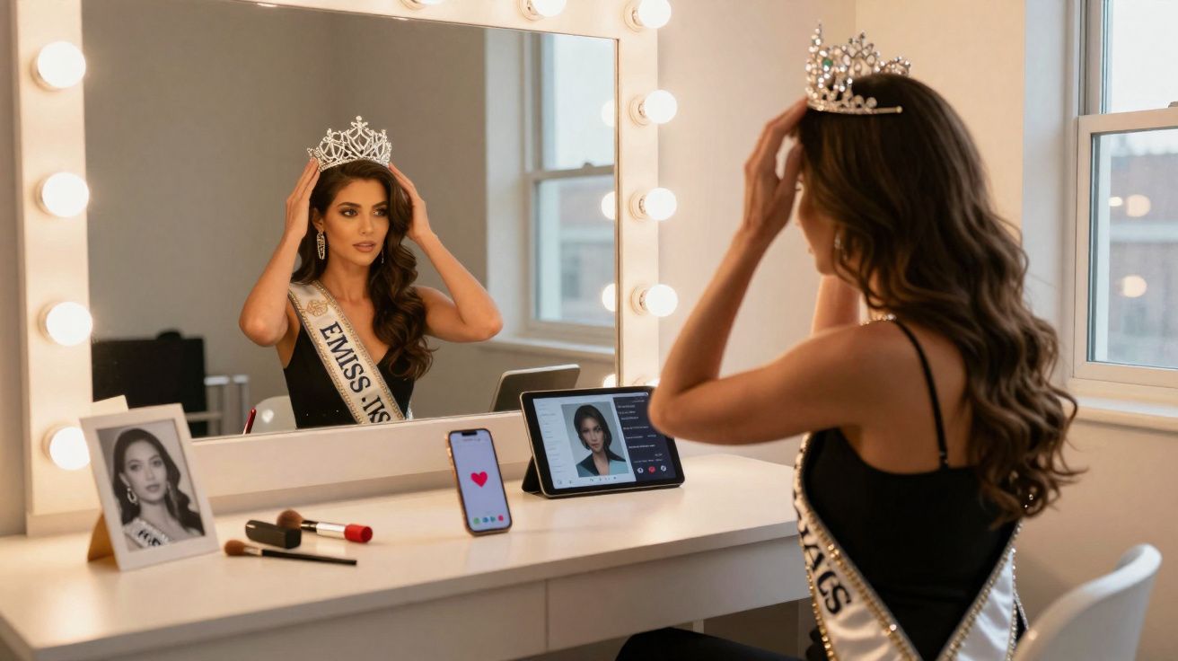 Mulher com faixa e coroa arrumando tiara em frente ao espelho em camarim iluminado.
